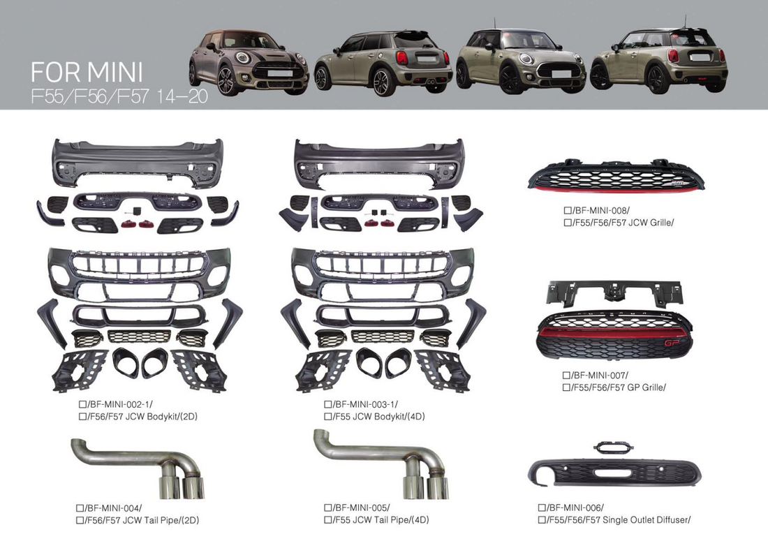 Buy Now BODY KIT for MINI F55/F56/F57 2014 - 2020 and upgrade car parts from SIR Tuning at the Best Price. Headlights, Tail lights, Bodykits, Navigations, body kit and more - Fast & Free Shipping within Europe, US & Worldwide.