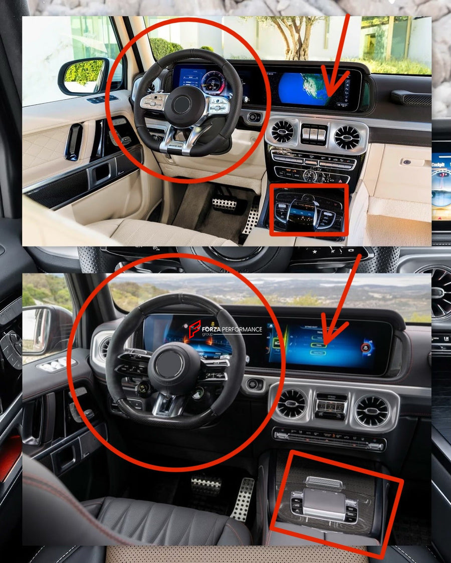 Buy Now CARBON INTERIOR TRIM KIT for MERCEDES-BENZ G-CLASS G63 W464 2018 - 2023 | W465 2025 STYLE and upgrade car parts from SIR Tuning at the Best Price. Headlights, Tail lights, Bodykits, Navigations, Accessories and more - Fast & Free Shipping within Europe, US & Worldwide.