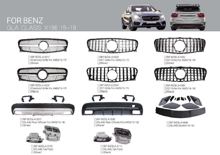 Buy Now BODY KIT for Mercedes-Benz GLA Class X156 2015-2019 Diamond Grille, GLA45 Rear Diffuser and upgrade car parts from SIR Tuning at the Best Price. Headlights, Tail lights, Bodykits, Navigations, body kit and more - Fast & Free Shipping within Europe, US & Worldwide.