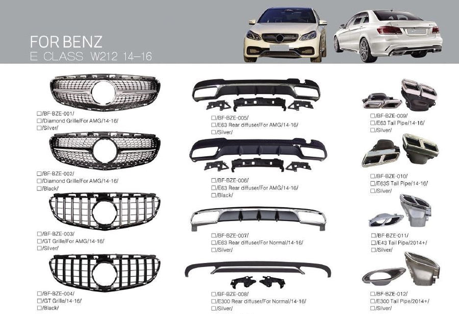 Buy Now BODY KIT for MERCEDES-BENZ E-CLASS W212 2014 - 2016 | AMG STYLE and upgrade car parts from SIR Tuning at the Best Price. Headlights, Tail lights, Bodykits, Navigations, body kit and more - Fast & Free Shipping within Europe, US & Worldwide.