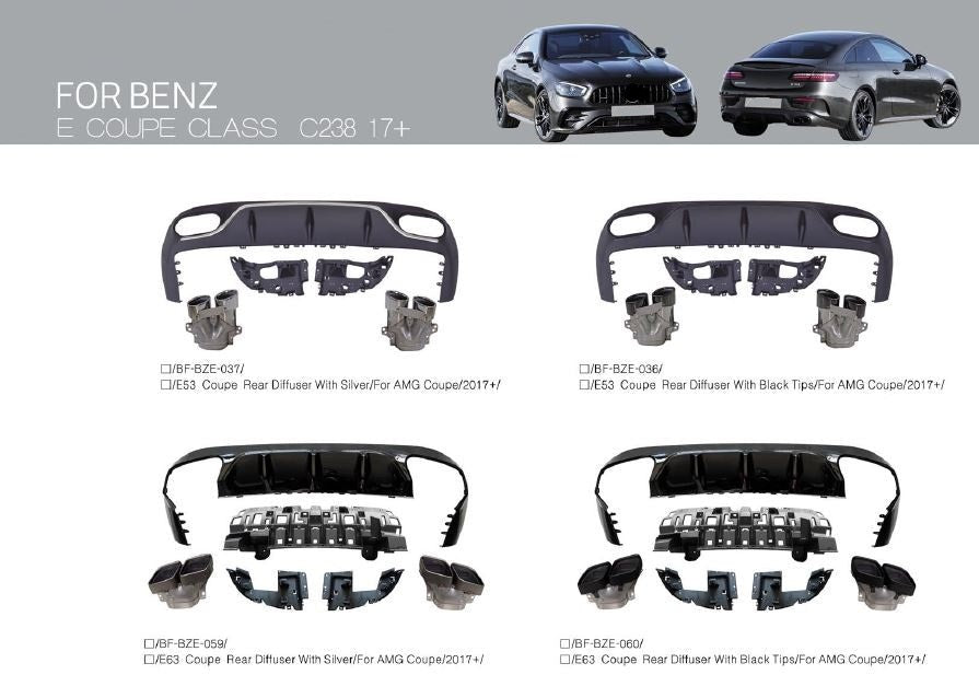 Buy Now REAR DIFFUSER WITH EXHAUST TIPS for MERCEDES-BENZ E-CLASS COUPE C238 2017+ and upgrade car parts from SIR Tuning at the Best Price. Headlights, Tail lights, Bodykits, Navigations, body kit and more - Fast & Free Shipping within Europe, US & Worldwide.