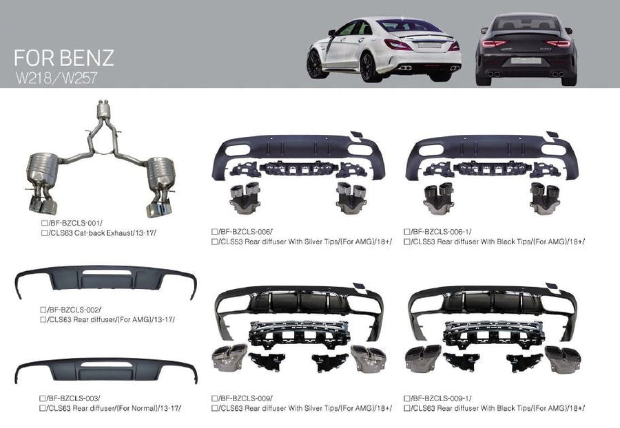 Buy Now Rear Diffuser Exhaust tips for CLS-Class W218 / W257 CLS63 2014 - 2018 and upgrade car parts from SIR Tuning at the Best Price. Headlights, Tail lights, Bodykits, Navigations, body kit and more - Fast & Free Shipping within Europe, US & Worldwide.