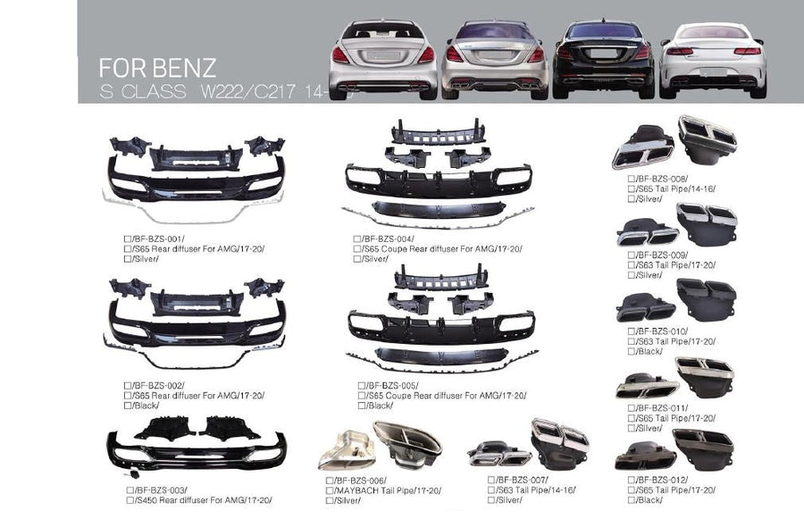 Buy Now BODY KIT for MERCEDES BENZ S CLASS W222 2014 - 2020 and upgrade car parts from SIR Tuning at the Best Price. Headlights, Tail lights, Bodykits, Navigations, body kit and more - Fast & Free Shipping within Europe, US & Worldwide.