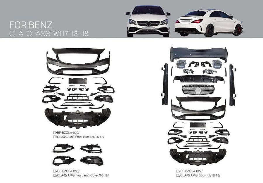 Buy Now CONVERSION BODY KIT for MERCEDES BENZ CLA CLASS W117 2013 - 2018 UPGRADE to CLA AMG BR17 2013 - 2016 and upgrade car parts from SIR Tuning at the Best Price. Headlights, Tail lights, Bodykits, Navigations, body kit and more - Fast & Free Shipping within Europe, US & Worldwide.