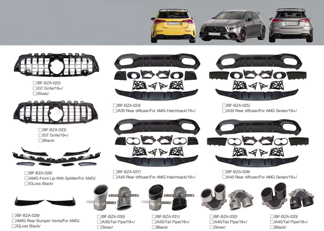 Buy Now BODY KIT for Mercedes-Benz A-Class W177 2019+ and upgrade car parts from SIR Tuning at the Best Price. Headlights, Tail lights, Bodykits, Navigations, body kit and more - Fast & Free Shipping within Europe, US & Worldwide.