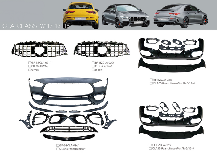 Buy Now BODY KIT for Mercedes-Benz CLA Class W117 2013-2018 Front Bumper, Rear Diffuser and upgrade car parts from SIR Tuning at the Best Price. Headlights, Tail lights, Bodykits, Navigations, body kit and more - Fast & Free Shipping within Europe, US & Worldwide.