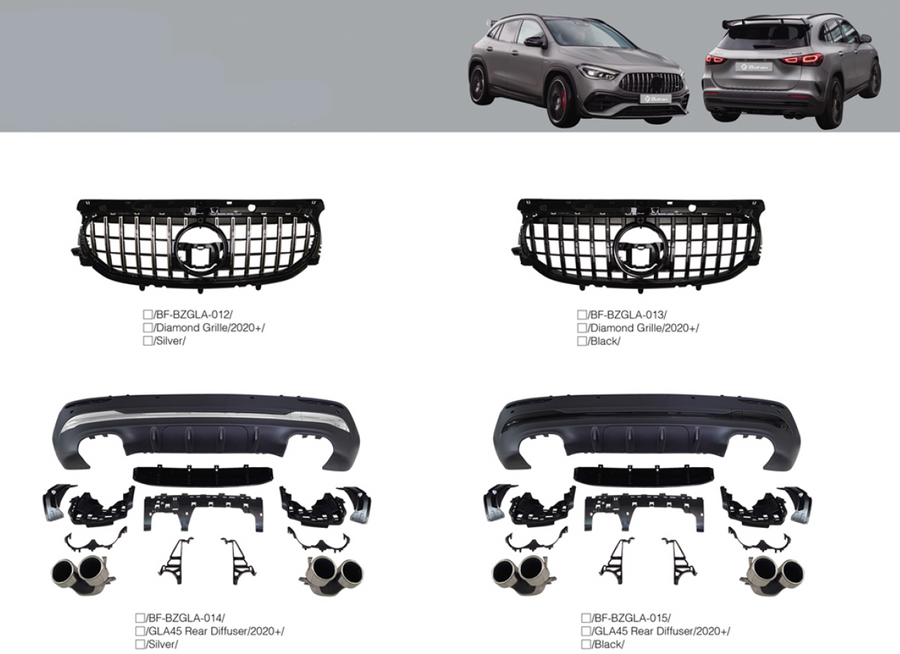 Buy Now BODY KIT for Mercedes-Benz GLA Class X247 2020+ Diamond Grille, GLA45 Rear Diffuser and upgrade car parts from SIR Tuning at the Best Price. Headlights, Tail lights, Bodykits, Navigations, body kit and more - Fast & Free Shipping within Europe, US & Worldwide.
