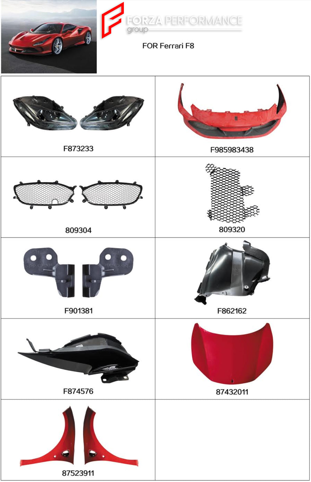 OEM REPLACEMENT PARTS for FERRARI F8 SPIDER | TRIBUTO 2019 - 2022