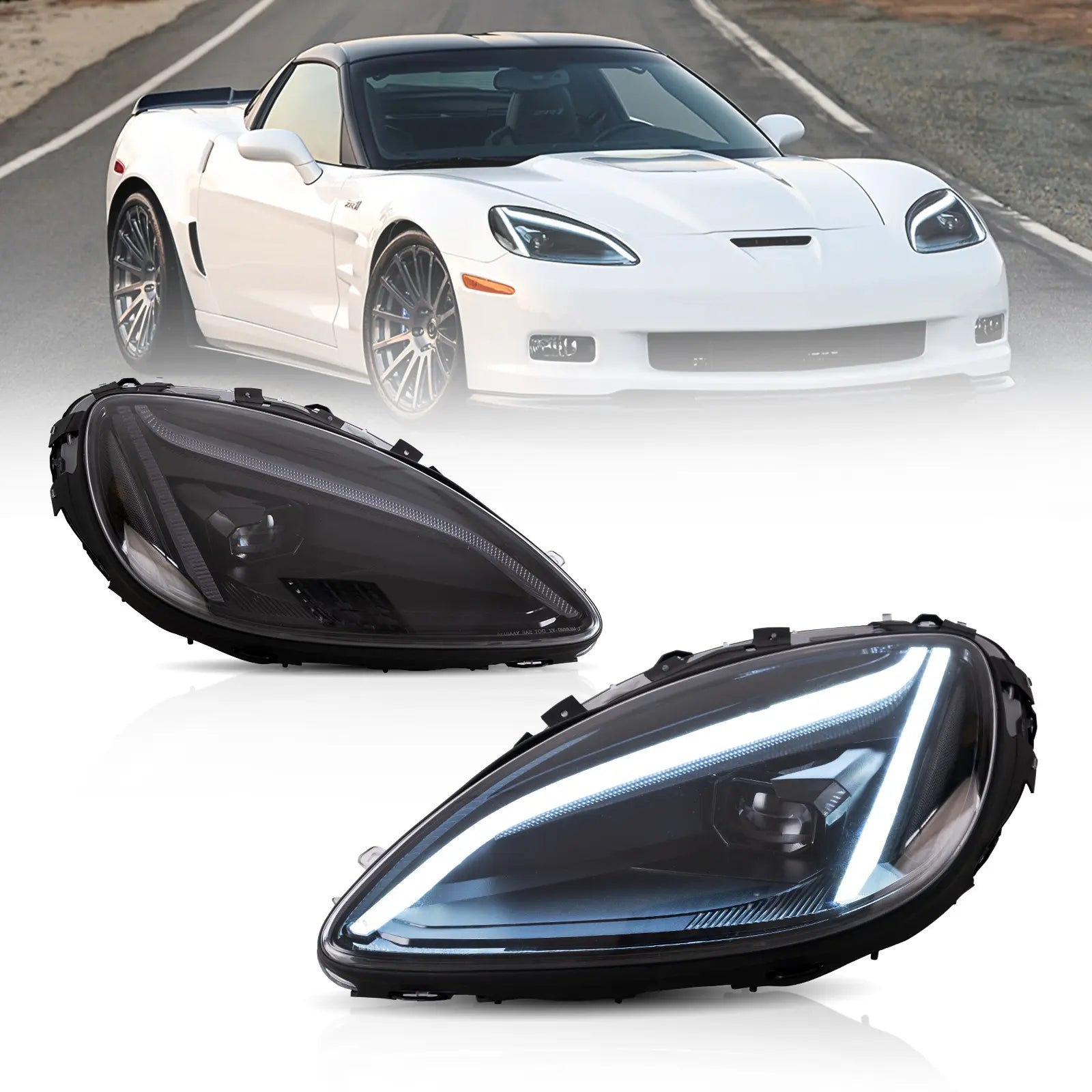 05-13 Chevrolet Corvette C6 6th Gen EU Vland LED Dual Beam Projector Headlights Black [C8 STYLE]