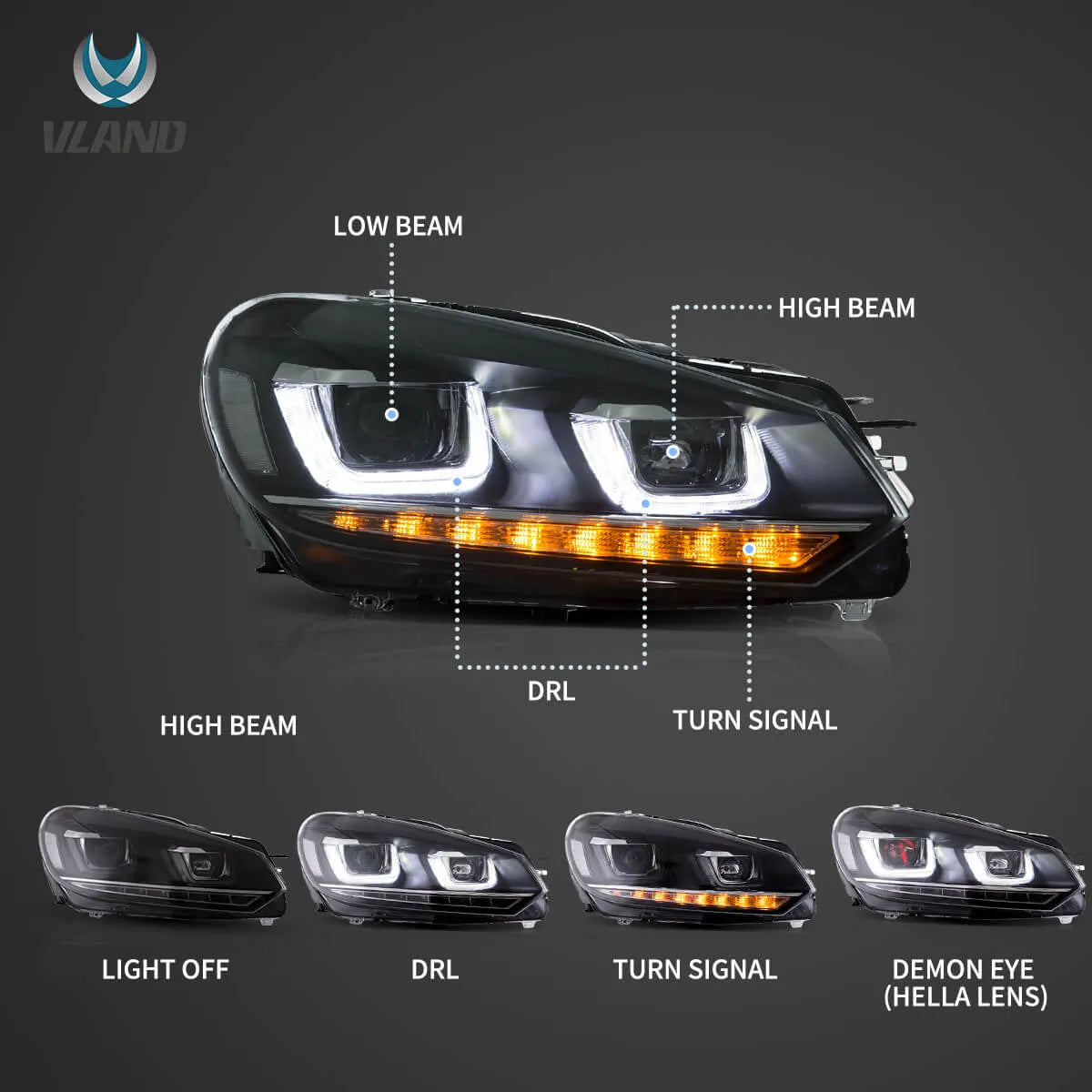 Vland Headlights & Tail Lights For 2008-2013 Golf MK6 LED set [E-mark] W/ sequential