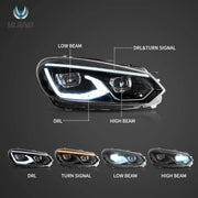 08-14 VW Golf Mk6 Vland LED Dual Beam Projector Aftermarket Headlights Black[E-mark]