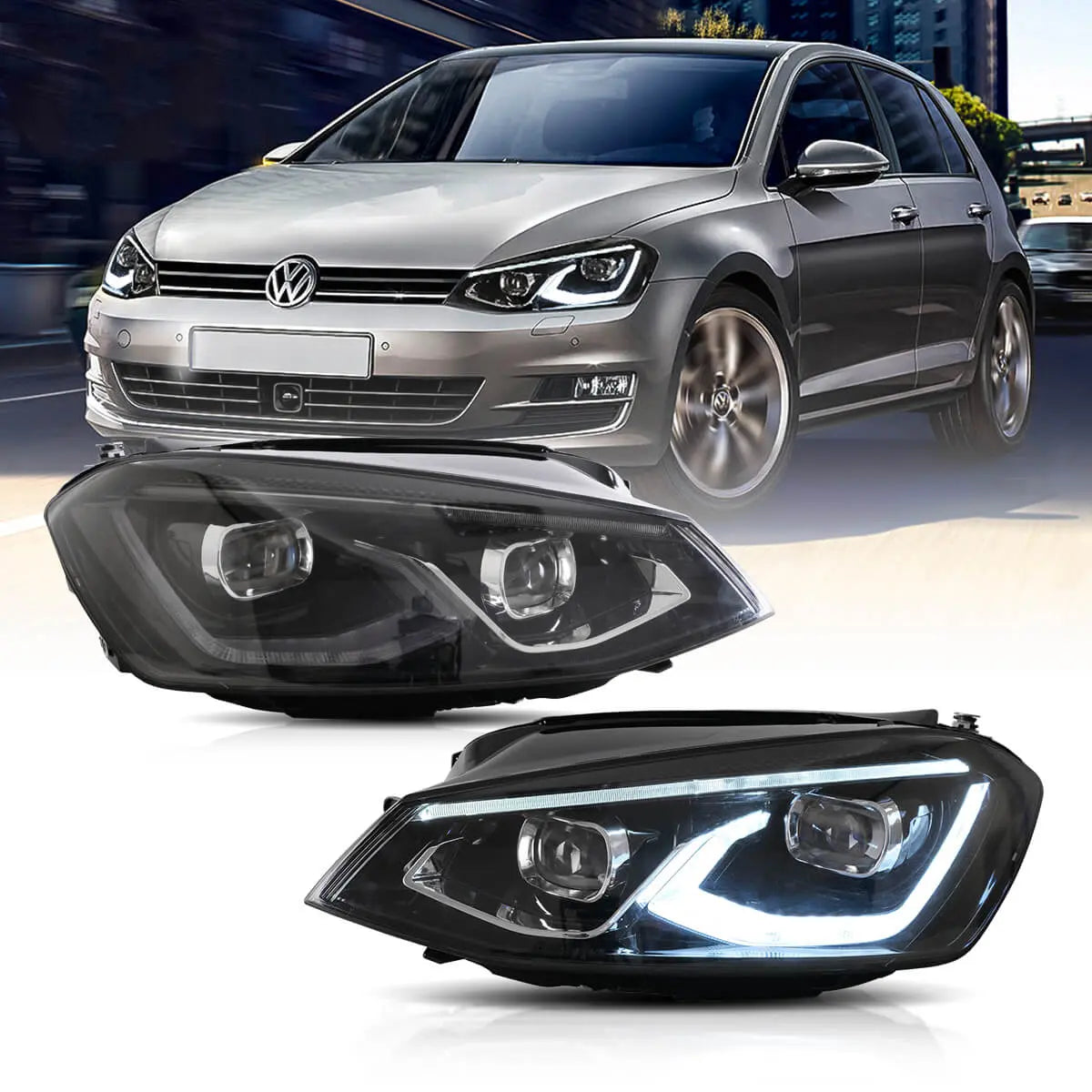 14-17 VW Golf MK7 Hatchback Vland LED Aftermarket Headlights Black [E-mark]