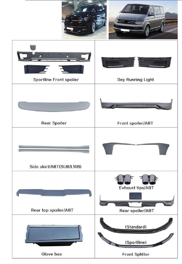 Buy Now VOLKSWAGEN MULTIVAN PARTS T6 SERIES BODY KIT and upgrade car parts from SIR Tuning at the Best Price. Headlights, Tail lights, Bodykits, Navigations, body kit and more - Fast & Free Shipping within Europe, US & Worldwide.