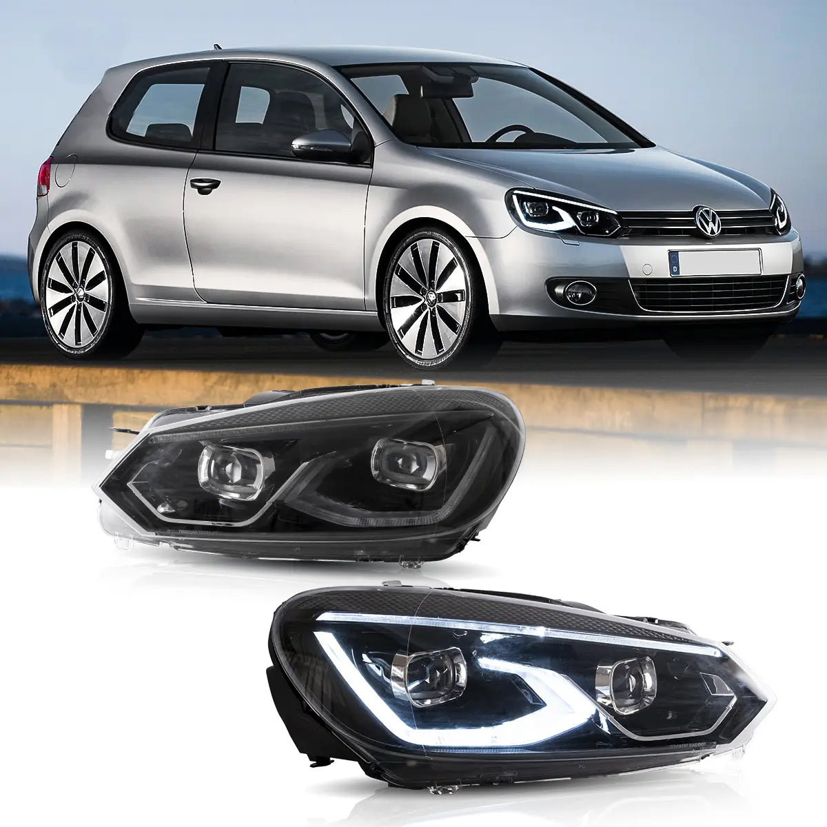 08-14 VW Golf Mk6 Vland LED Dual Beam Projector Aftermarket Headlights Black[E-mark]