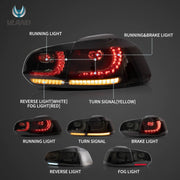 08-12 VW Golf Mk6 Vland LED Aftermarket Tail Lights With Amber Sequential Turn Signal [E-mark]