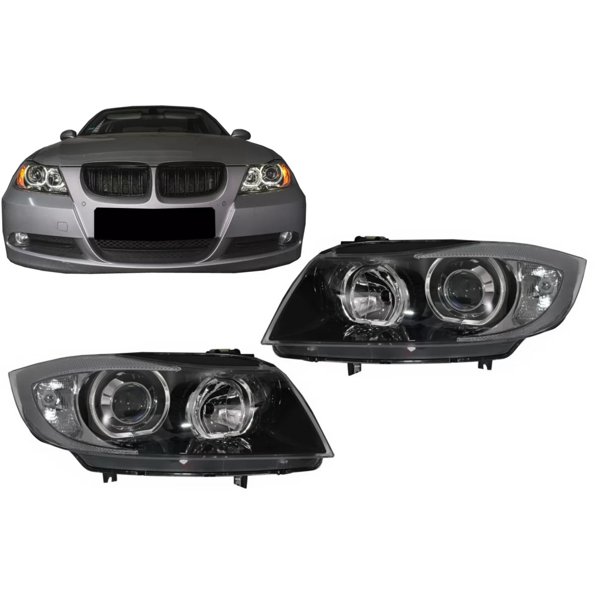 Angel Eyes Headlights suitable for BMW 3 Series E90 Sedan E91 Touring (03.2005-2011) Black – product image 1