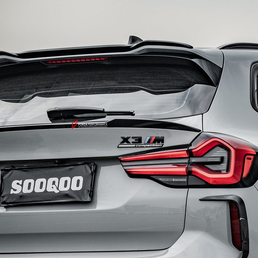 Buy Now AUTHENTIC SOOQOO DRY CARBON REAR SPOILER for BMW X3M F97 LCI 2022+ and upgrade car parts from SIR Tuning at the Best Price. Headlights, Tail lights, Bodykits, Navigations, body kit and more - Fast & Free Shipping within Europe, US & Worldwide.