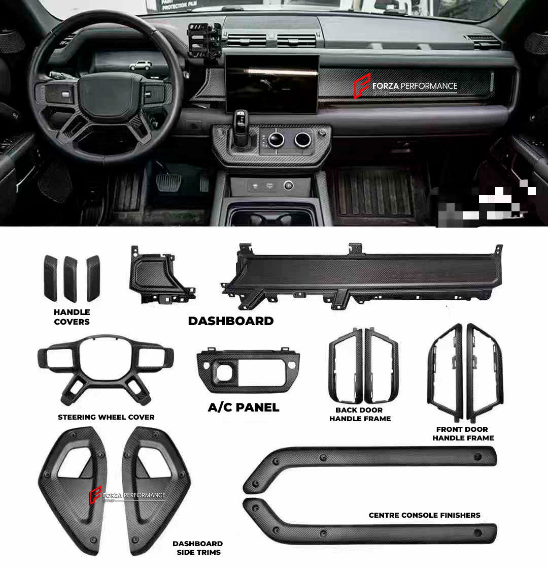 Buy Now DRY CARBON FIBER INTERIOR TRIM KIT COVERS for LAND ROVER DEFENDER L663 2020+ and upgrade car parts from SIR Tuning at the Best Price. Headlights, Tail lights, Bodykits, Navigations, body kit and more - Fast & Free Shipping within Europe, US & Worldwide.
