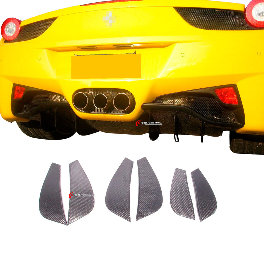Buy Now CARBON REAR DIFFUSER FINS for FERRARI 458 ITALIA SPIDER 2009 - 2015 and upgrade car parts from SIR Tuning at the Best Price. Headlights, Tail lights, Bodykits, Navigations, body kit and more - Fast & Free Shipping within Europe, US & Worldwide.
