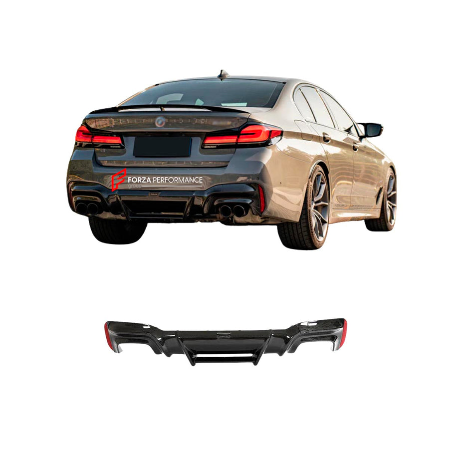 Buy Now CARBON REAR DIFFUSER for BMW 5 SERIES G30 LCI 530i 530e 540i M550i xDrive 2018 - 2023 and upgrade car parts from SIR Tuning at the Best Price. Headlights, Tail lights, Bodykits, Navigations, Body Kit and more - Fast & Free Shipping within Europe, US & Worldwide.