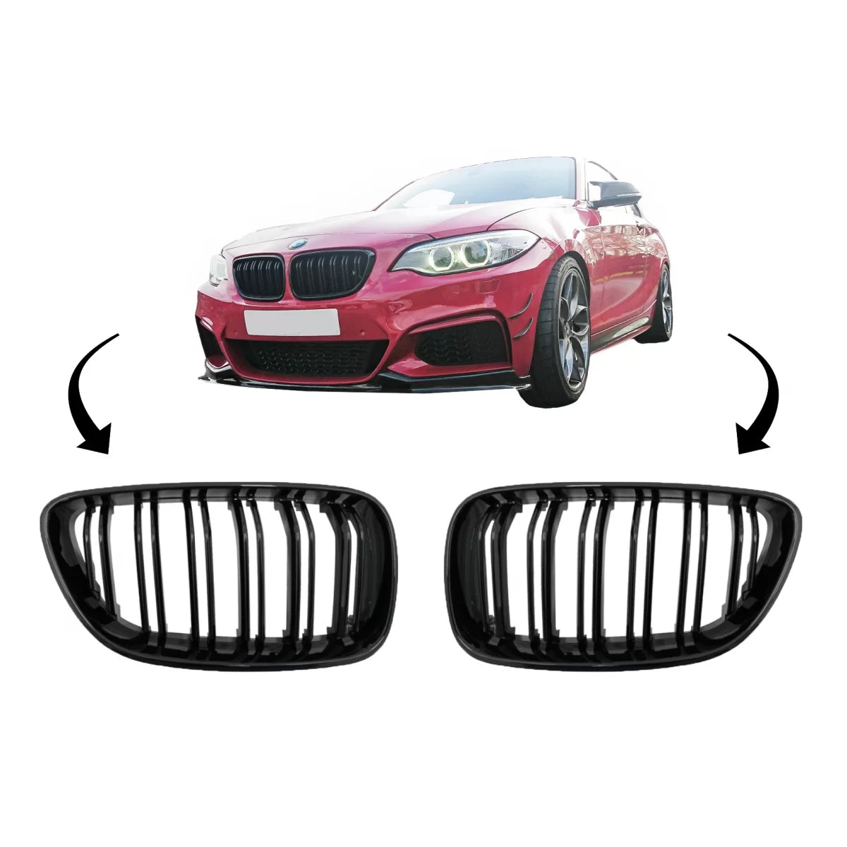 Central Kidney Grilles suitable for BMW 2 Series F22 F23 F87 (2014-up) Double Stripe M Design Piano Black – product image 1
