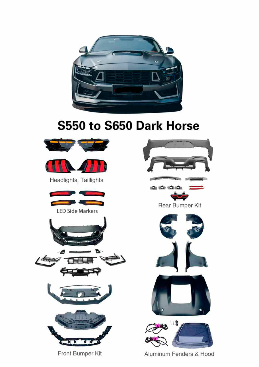 Buy Now CONVERSION BODY KIT for FORD MUSTANG S550 2015 - 2023 UPGRADE to S650 DARK HORSE 2024 and upgrade car parts from SIR Tuning at the Best Price. Headlights, Tail lights, Bodykits, Navigations, body kit and more - Fast & Free Shipping within Europe, US & Worldwide.
