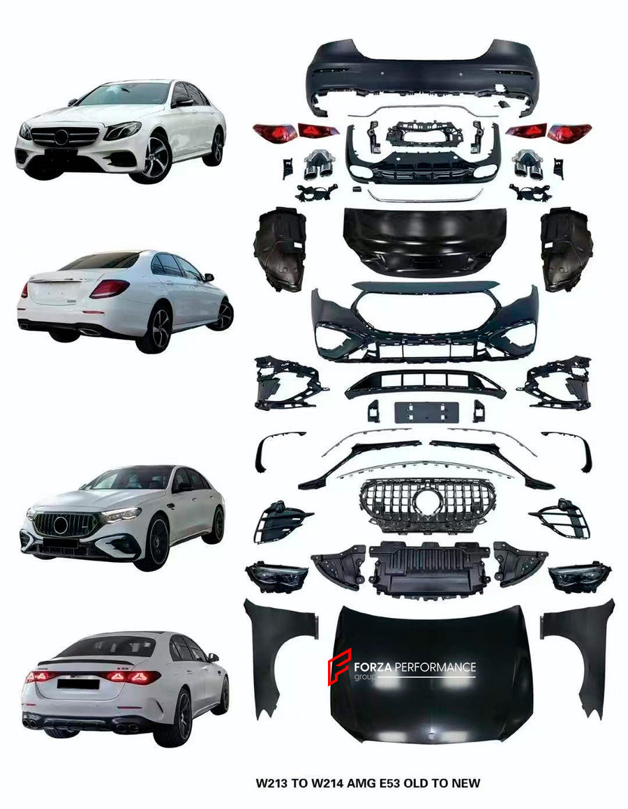 Buy Now CONVERSION BODY KIT for MERCEDES BENZ E CLASS W213 2017 - 2020 to E53 W214 2023+ and upgrade car parts from SIR Tuning at the Best Price. Headlights, Tail lights, Bodykits, Navigations, body kit and more - Fast & Free Shipping within Europe, US & Worldwide.