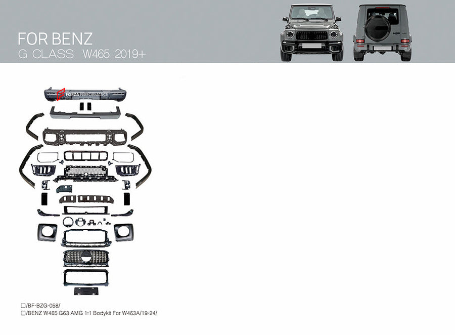 Buy Now CONVERSION BODY KIT for MERCEDES BENZ G CLASS G350 D G400 D G500 G550 W463 2018 - 2024 UPGRADE to G63 W465 AMG 2024+ and upgrade car parts from SIR Tuning at the Best Price. Headlights, Tail lights, Bodykits, Navigations, body kit and more - Fast & Free Shipping within Europe, US & Worldwide.