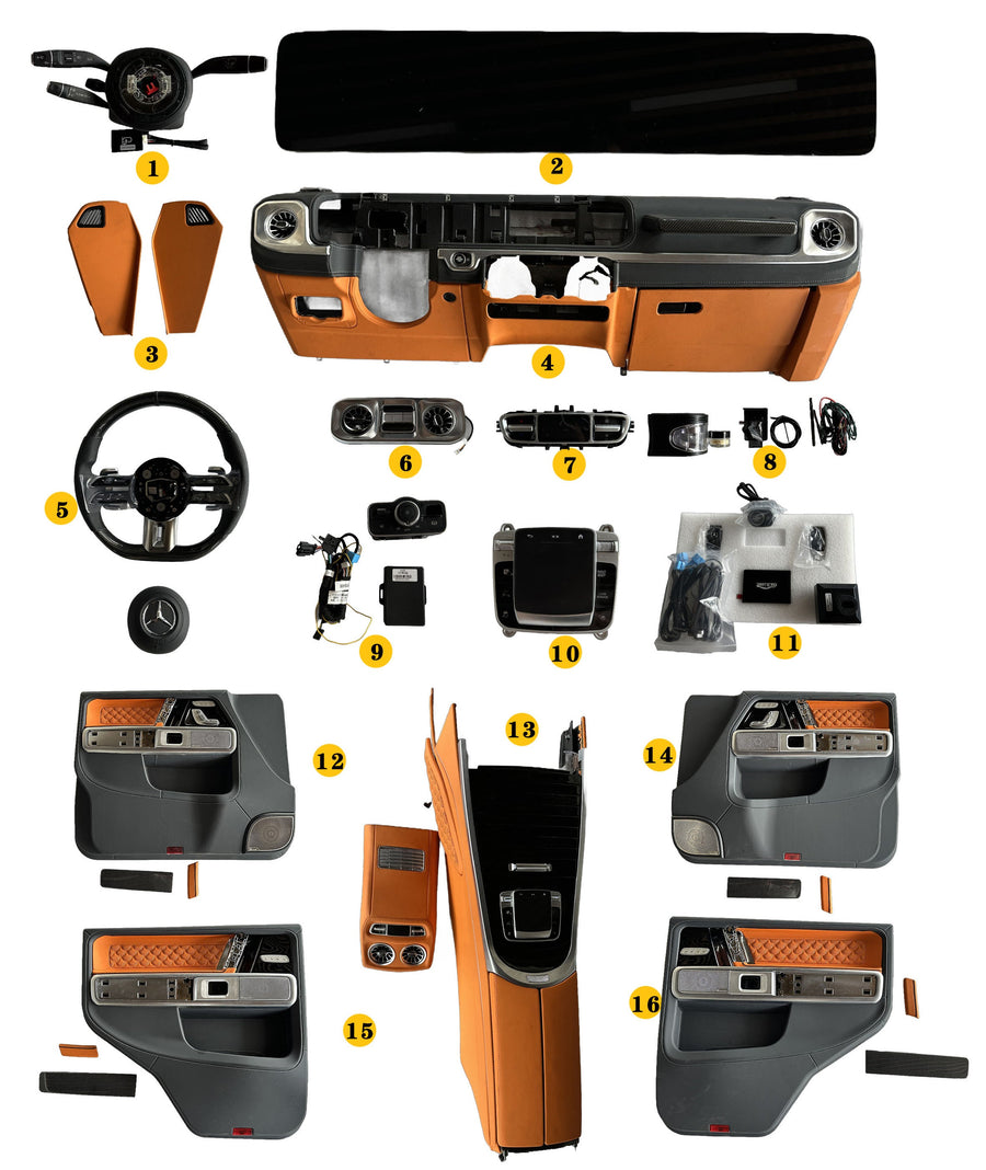 Buy Now CONVERSION INTERIOR KIT for MERCEDES BENZ G CLASS W463 G350 G450 G500 G550 G600 G63 G65 2013 - 2018 UPGRADE to W465 2024+ and upgrade car parts from SIR Tuning at the Best Price. Headlights, Tail lights, Bodykits, Navigations, body kit and more - Fast & Free Shipping within Europe, US & Worldwide.