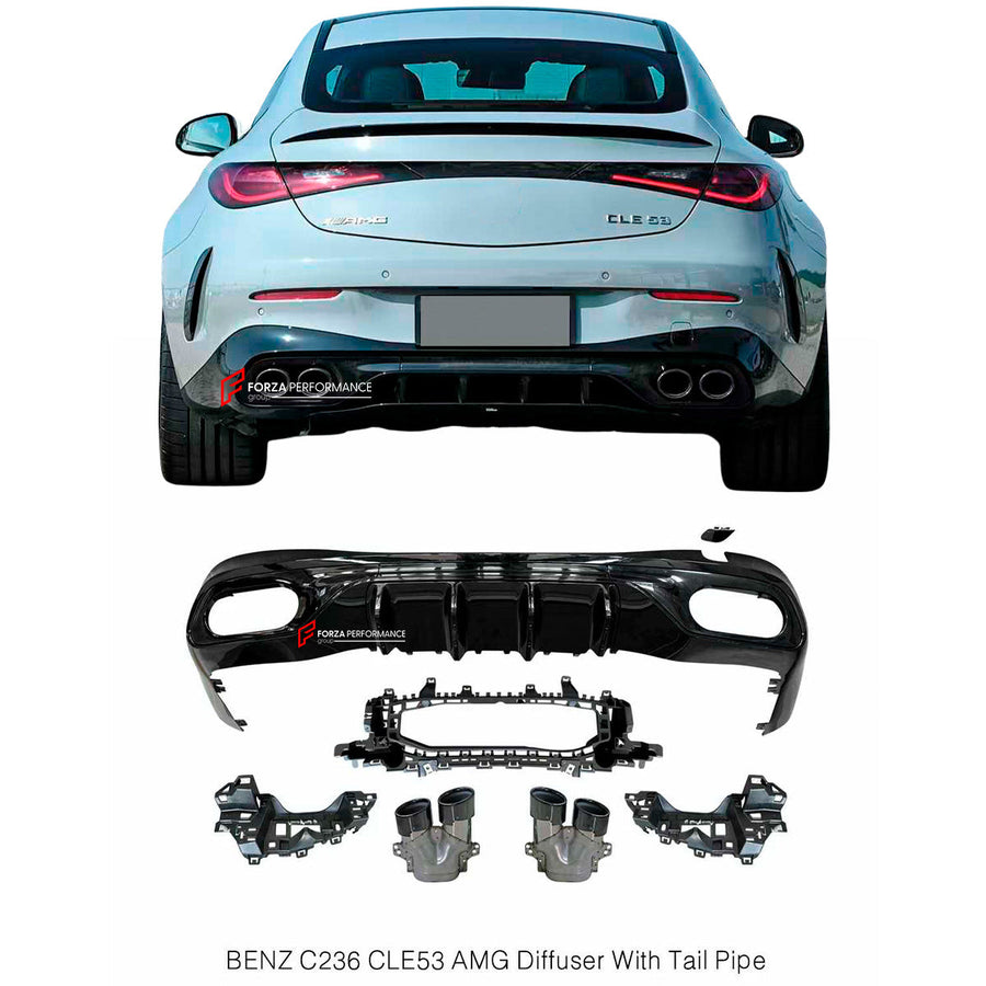 Buy Now REAR DIFFUSER with EXHAUST TIPS for MERCEDES BENZ CLE CLASS AMG CLE53 2024+ C236 A236 X236 and upgrade car parts from SIR Tuning at the Best Price. Headlights, Tail lights, Bodykits, Navigations, body kit and more - Fast & Free Shipping within Europe, US & Worldwide.