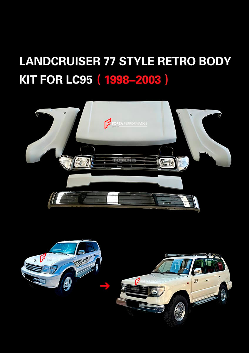 Buy Now CONVERSION RETRO FRONT BUMPER BODY KIT for TOYOTA LAND CRUISER LC90 95 1998 - 2002 and upgrade car parts from SIR Tuning at the Best Price. Headlights, Tail lights, Bodykits, Navigations, Body Kit and more - Fast & Free Shipping within Europe, US & Worldwide.