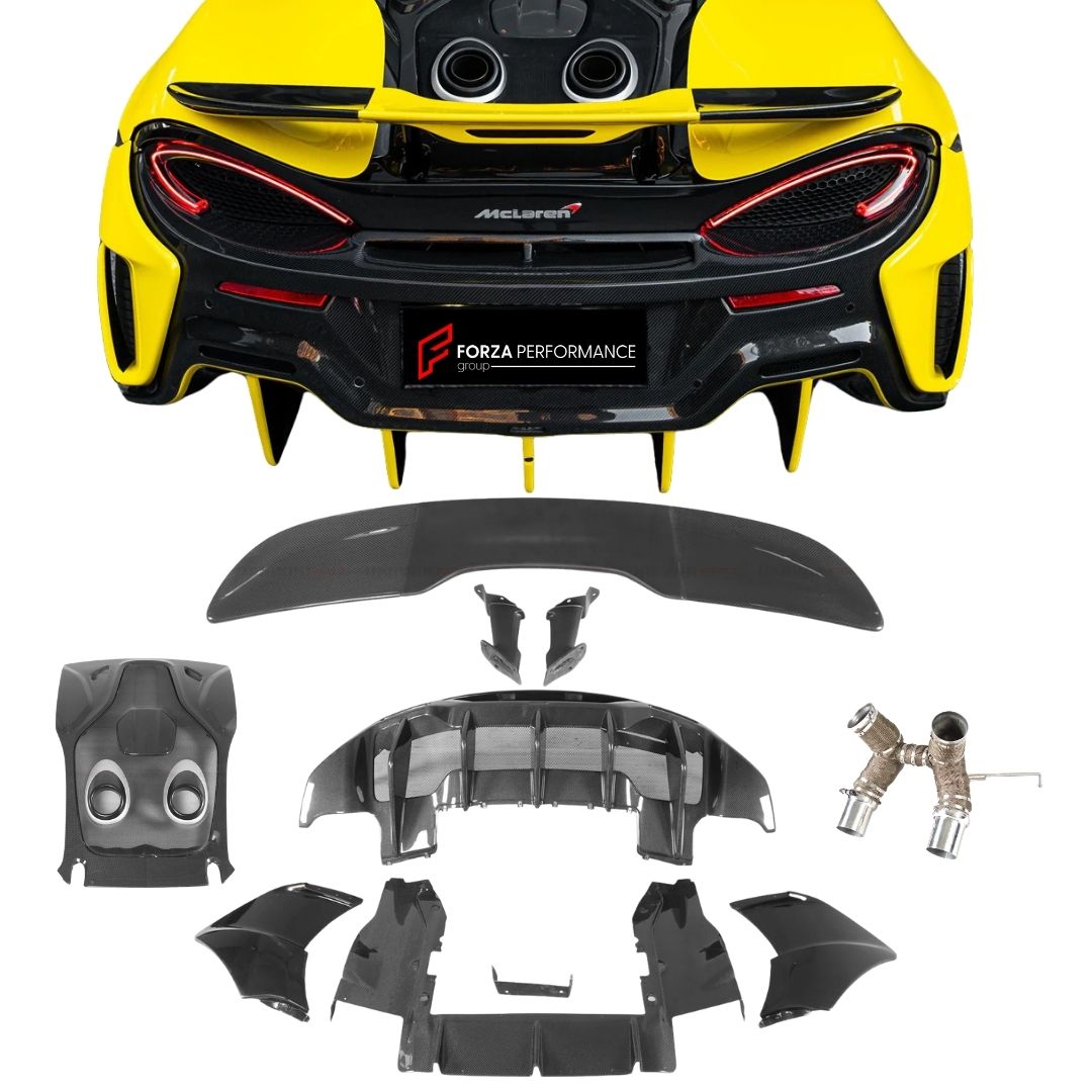 DARWINPRO CONVERSION CARBON REAR BUMPER WITH DIFFUSER TRUNK SPOILER ENGINE TRUNK and EXHAUST for MCLAREN 540C 570S 570GT 2015 - 2020 UPGRADE to 600LT 2018 - 2021