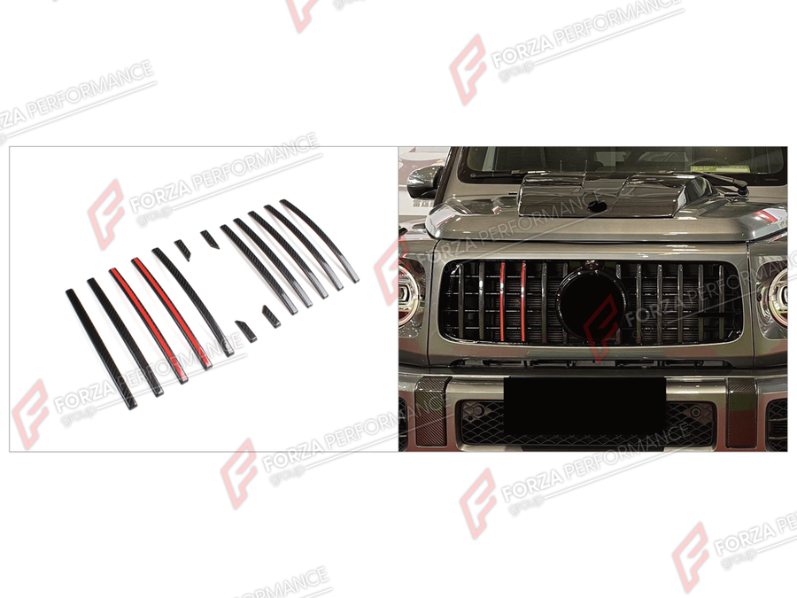Buy Now DRY CARBON FRONT GRILLE TRIM STRIPS for MERCEDES-BENZ G-CLASS W464 G63 2019 - 2024 and upgrade car parts from SIR Tuning at the Best Price. Headlights, Tail lights, Bodykits, Navigations, Body Kit and more - Fast & Free Shipping within Europe, US & Worldwide.
