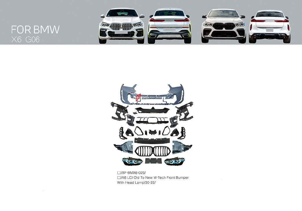 CONVERSION FRONT BUMPER GRILLE WITH HEADLIGHTS for BMW X6 G06 2019 - 2023 UPGRADE to X6 G06 LCI FACELIFT 2023+ M-TECH STYLE