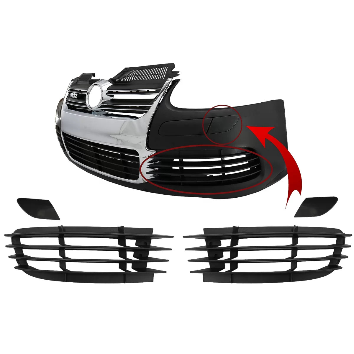Front Bumper Parts Side grills and Headlights Washer Covers suitable for VW Golf V 5 (2003-2007) Jetta (2005-2010) R32 Look –