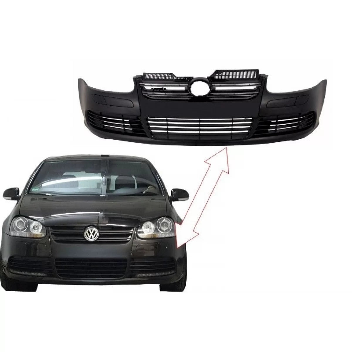 Front Bumper suitable for VW Golf V 5 (2003-2007) Jetta (2005-2010) R32 Piano Glossy Black Grille – product image 1