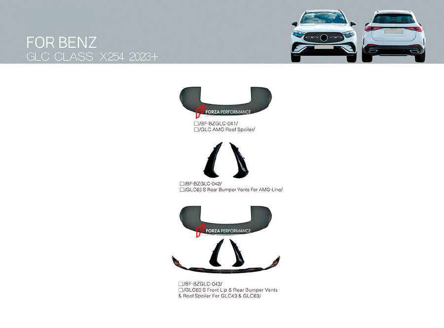 Buy Now FRONT LIP ROOF SPOILER REAR BUMPER VENTS for MERCEDES BENZ GLC CLASS AMG X254 GLC43 GLC63 UPGRADE to AMG X254 GLC43 GLC63 SE 2023+ and upgrade car parts from SIR Tuning at the Best Price. Headlights, Tail lights, Bodykits, Navigations, body kit and more - Fast & Free Shipping within Europe, US & Worldwide.