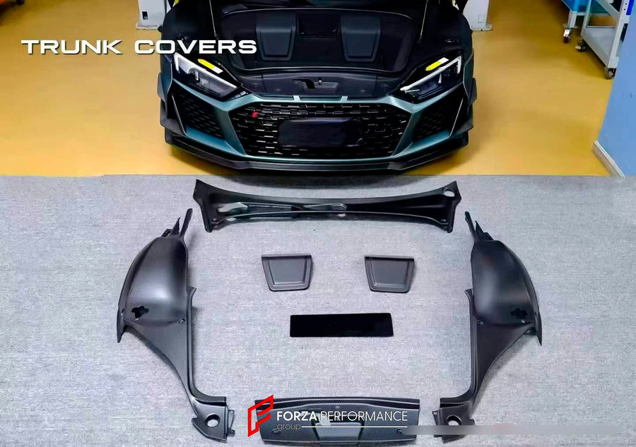Buy Now DRY CARBON FRONT TRUNK AREA CLUSTER SURROUND for AUDI R8 FACELIFT 2019 - 2023 and upgrade car parts from SIR Tuning at the Best Price. Headlights, Tail lights, Bodykits, Navigations, body kit and more - Fast & Free Shipping within Europe, US & Worldwide.