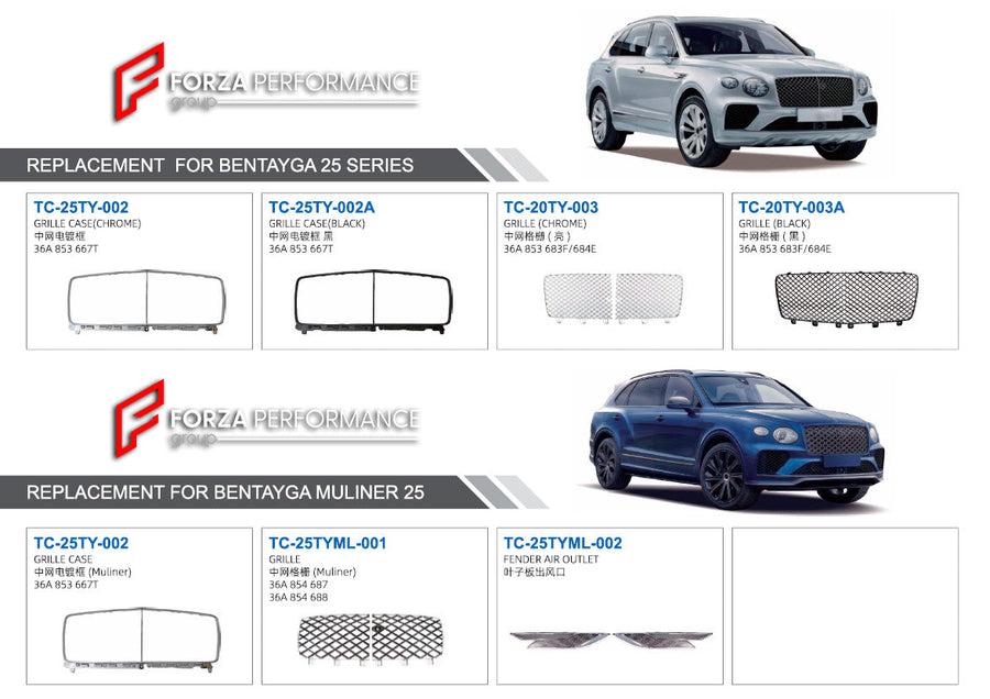 Buy Now GRILLE for BENTLEY BENTAYGA 2025 BENTAYGA MULLINER 2025 and upgrade car parts from SIR Tuning at the Best Price. Headlights, Tail lights, Bodykits, Navigations, body kit and more - Fast & Free Shipping within Europe, US & Worldwide.