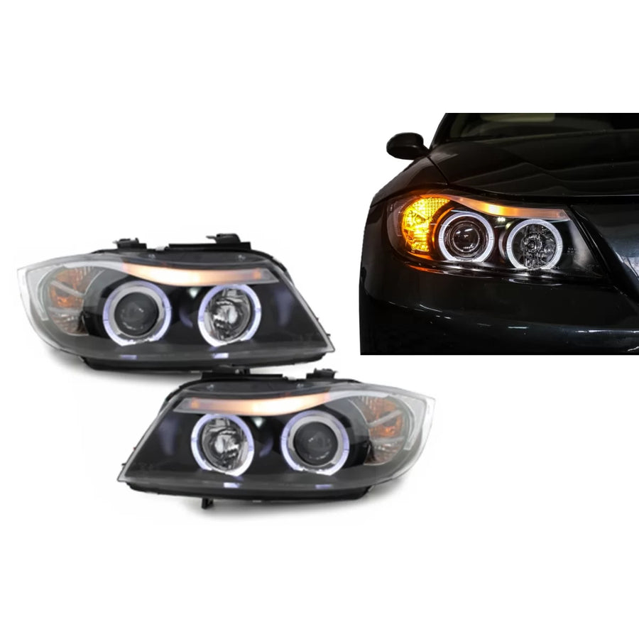 Headlights suitable for BMW 3 Series E90 Sedan E91 Touring (03.2005-08.2008) Angel Eyes 2 Halo Rims Black – product image 1