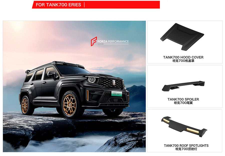 Buy Now HOOD COVER SPOILER ROOF SPOTLIGHTS for TANK 700 SPECIAL EDITION and upgrade car parts from SIR Tuning at the Best Price. Headlights, Tail lights, Bodykits, Navigations, body kit and more - Fast & Free Shipping within Europe, US & Worldwide.
