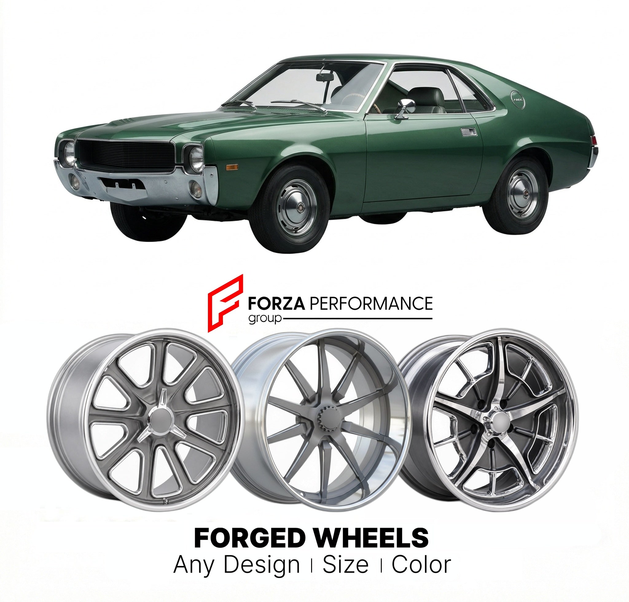 CUSTOM CLASSIC VINTAGE RESTOMOD RETRO OLD SCHOOL FORGED WHEELS RIMS for AMC AMX 1968 - 1970