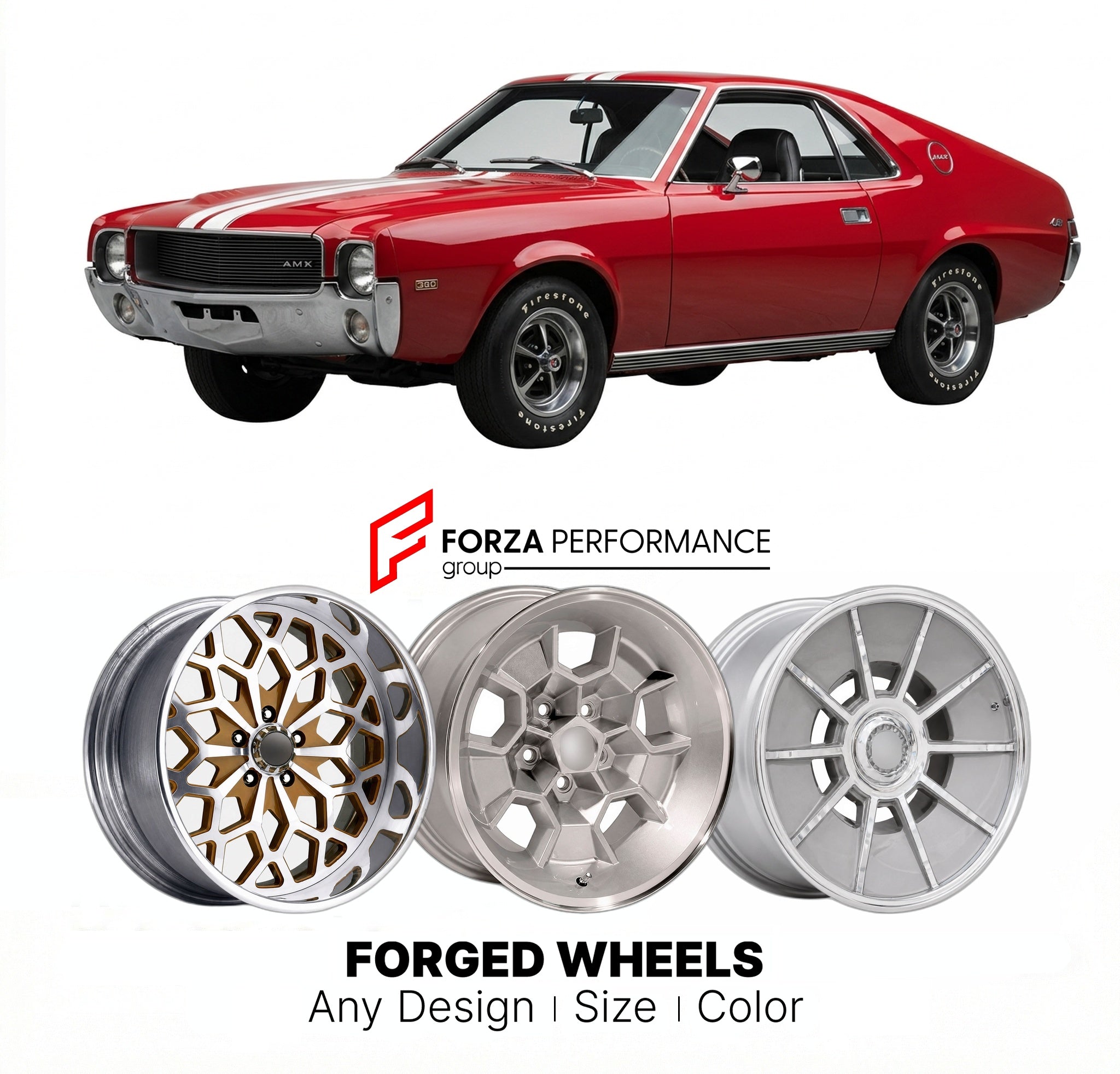 CUSTOM CLASSIC VINTAGE RESTOMOD RETRO OLD SCHOOL FORGED WHEELS RIMS for AMC AMX 390 1968 - 1970