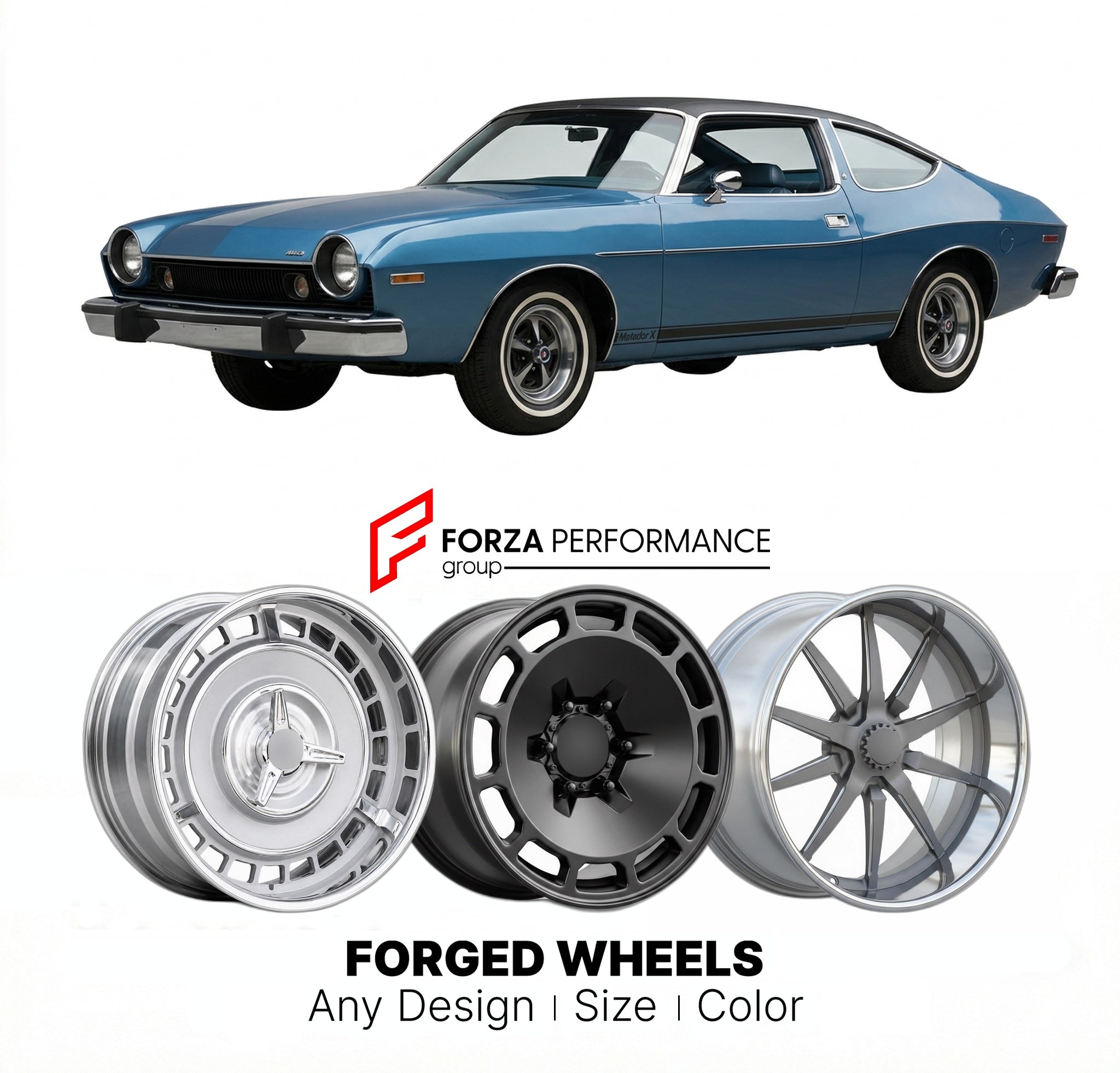 CUSTOM CLASSIC VINTAGE RESTOMOD RETRO OLD SCHOOL FORGED WHEELS RIMS for AMC MATADOR X 1974 - 1975