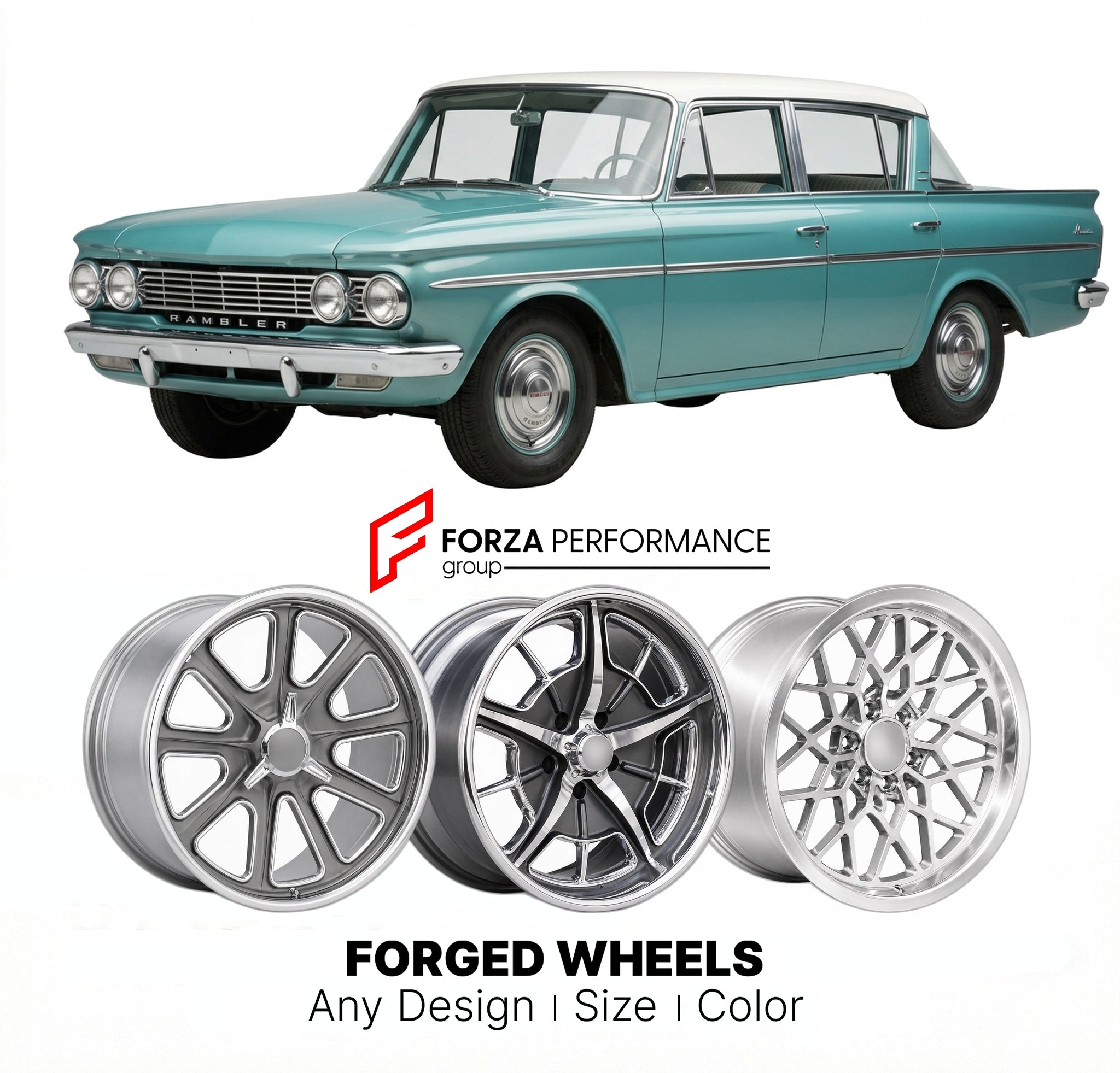 CUSTOM CLASSIC VINTAGE RESTOMOD RETRO OLD SCHOOL FORGED WHEELS RIMS for AMC RAMBLER CLASSIC 1961 - 1964