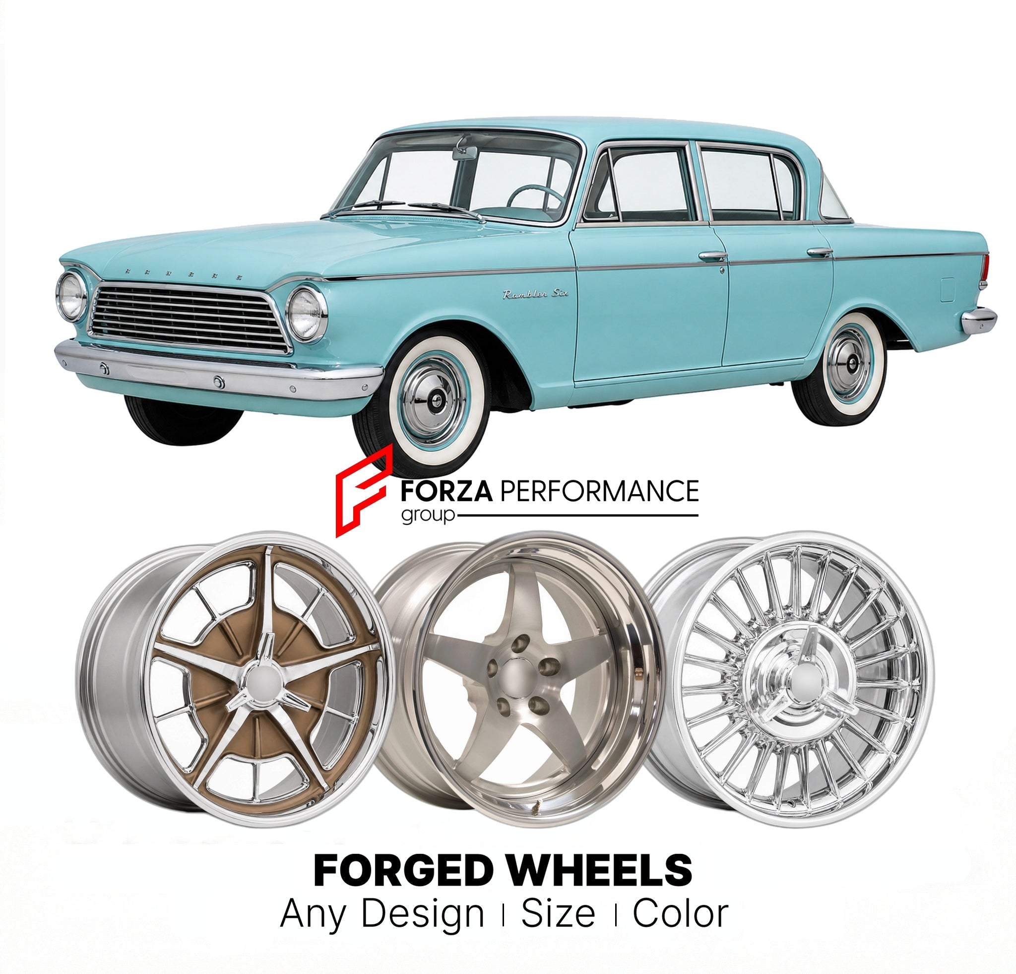 CUSTOM CLASSIC VINTAGE RESTOMOD RETRO OLD SCHOOL FORGED WHEELS RIMS for AMC RAMBLER SIX 1958 - 1960