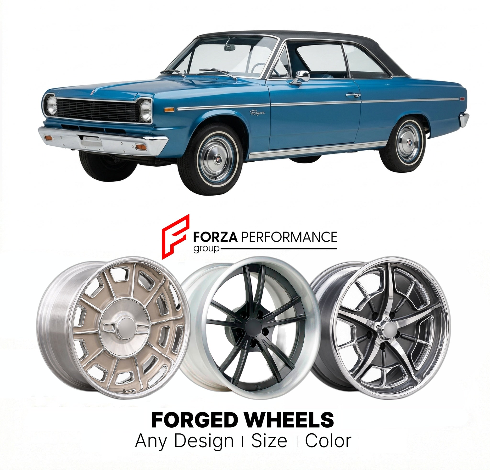 CUSTOM CLASSIC VINTAGE RESTOMOD RETRO OLD SCHOOL FORGED WHEELS RIMS for AMC ROGUE 1967 - 1968
