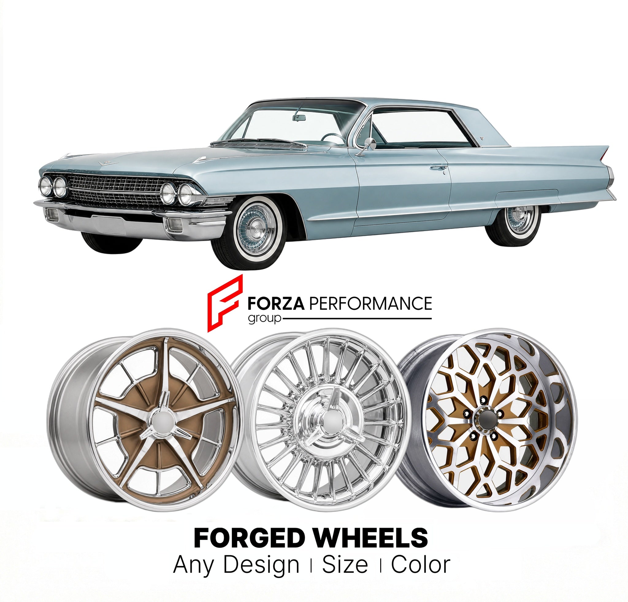 CUSTOM CLASSIC VINTAGE RESTOMOD RETRO OLD SCHOOL FORGED WHEELS RIMS for CADILLAC COUPE DE VILLE 1961 - 1964