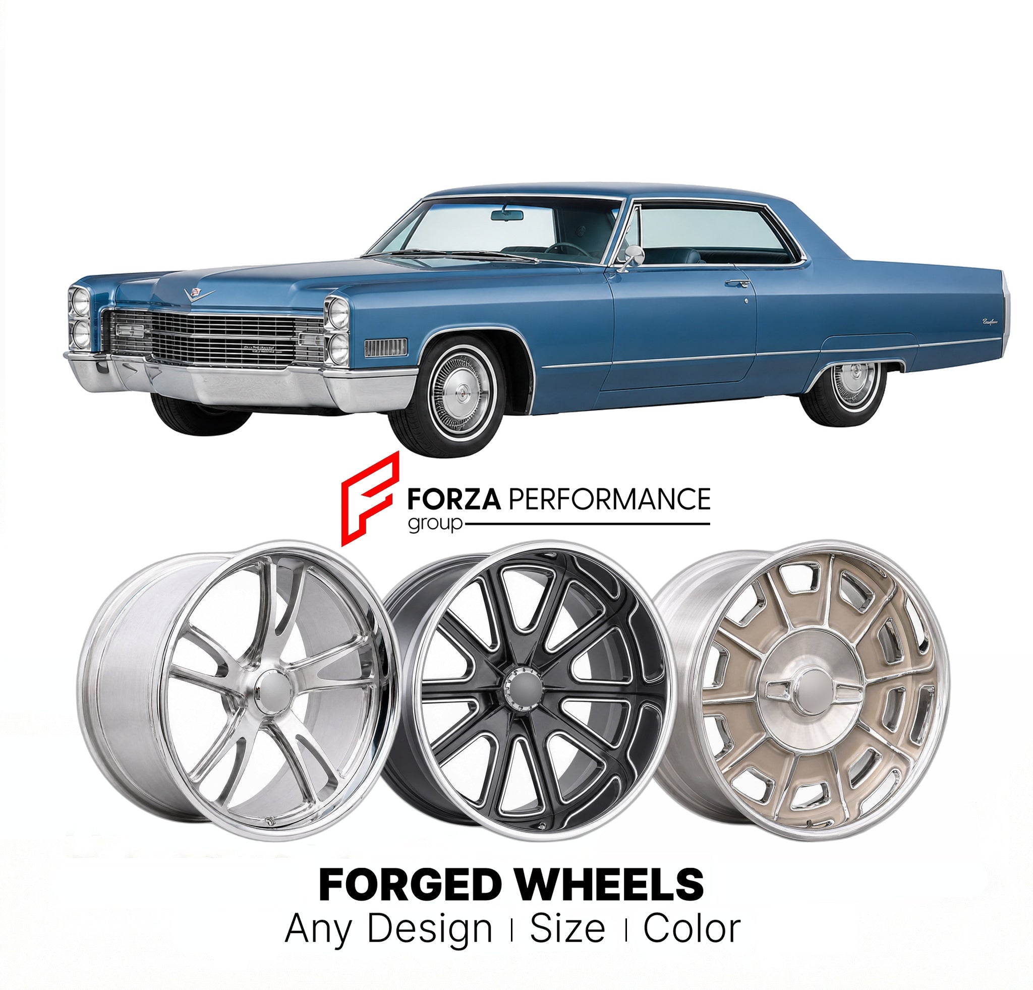 CUSTOM CLASSIC VINTAGE RESTOMOD RETRO OLD SCHOOL FORGED WHEELS RIMS for CADILLAC COUPE DE VILLE 1965 - 1970