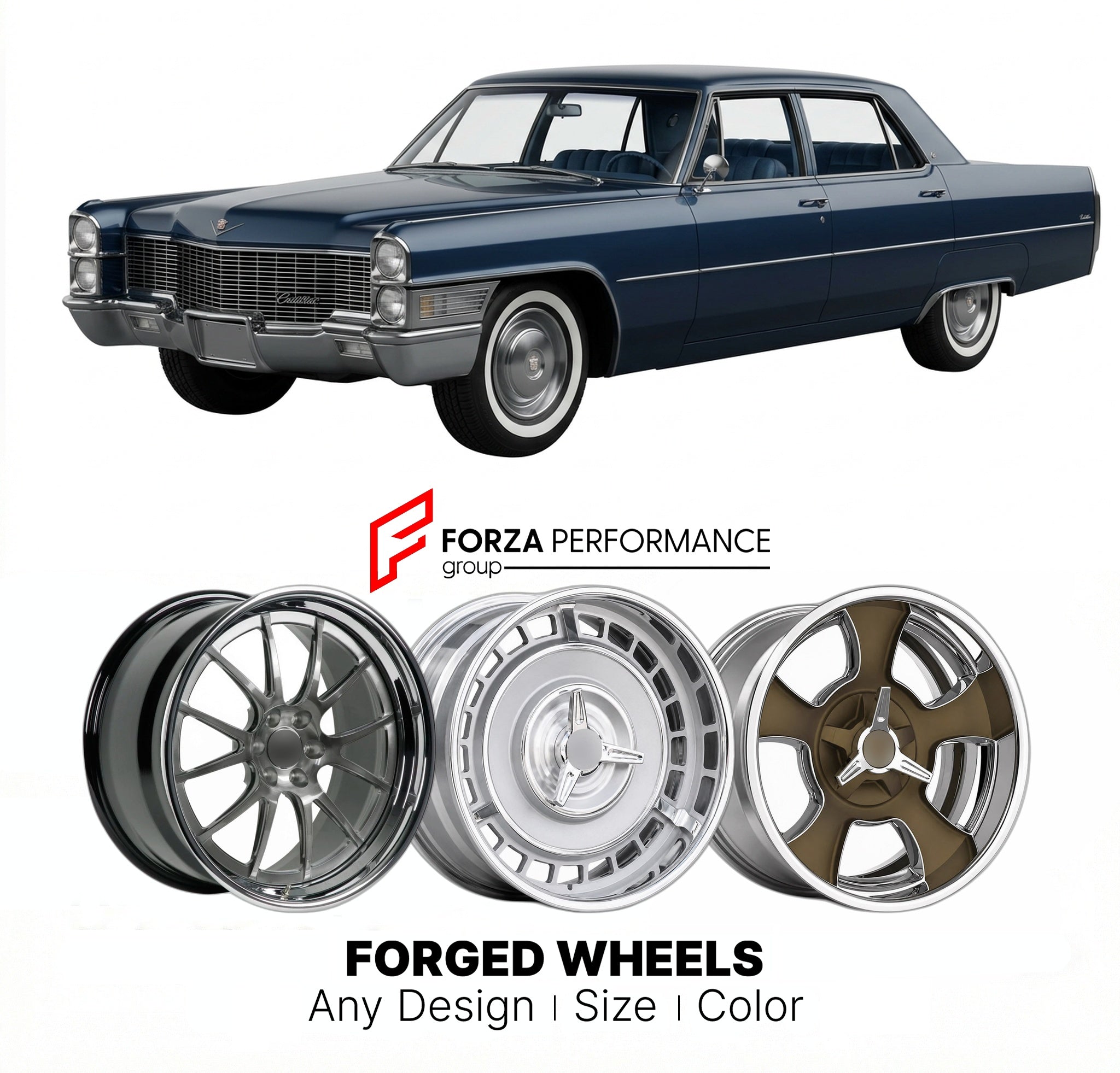 CUSTOM CLASSIC VINTAGE RESTOMOD RETRO OLD SCHOOL FORGED WHEELS RIMS for CADILLAC FLEETWOOD SEVENTY-FIVE 1965 - 1970